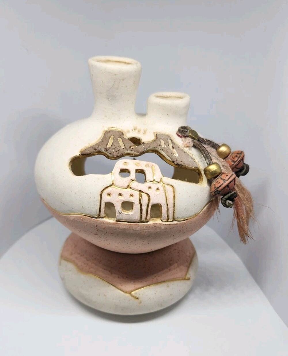VNTG Votive Candle Holder Mexican Vase Potery Gold Lined W base Southwestern